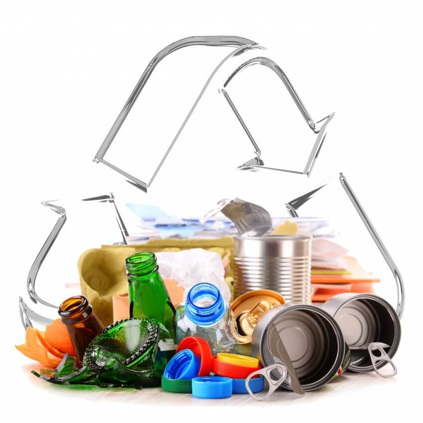 Recycling logo with glass, plastic, metal and paper.